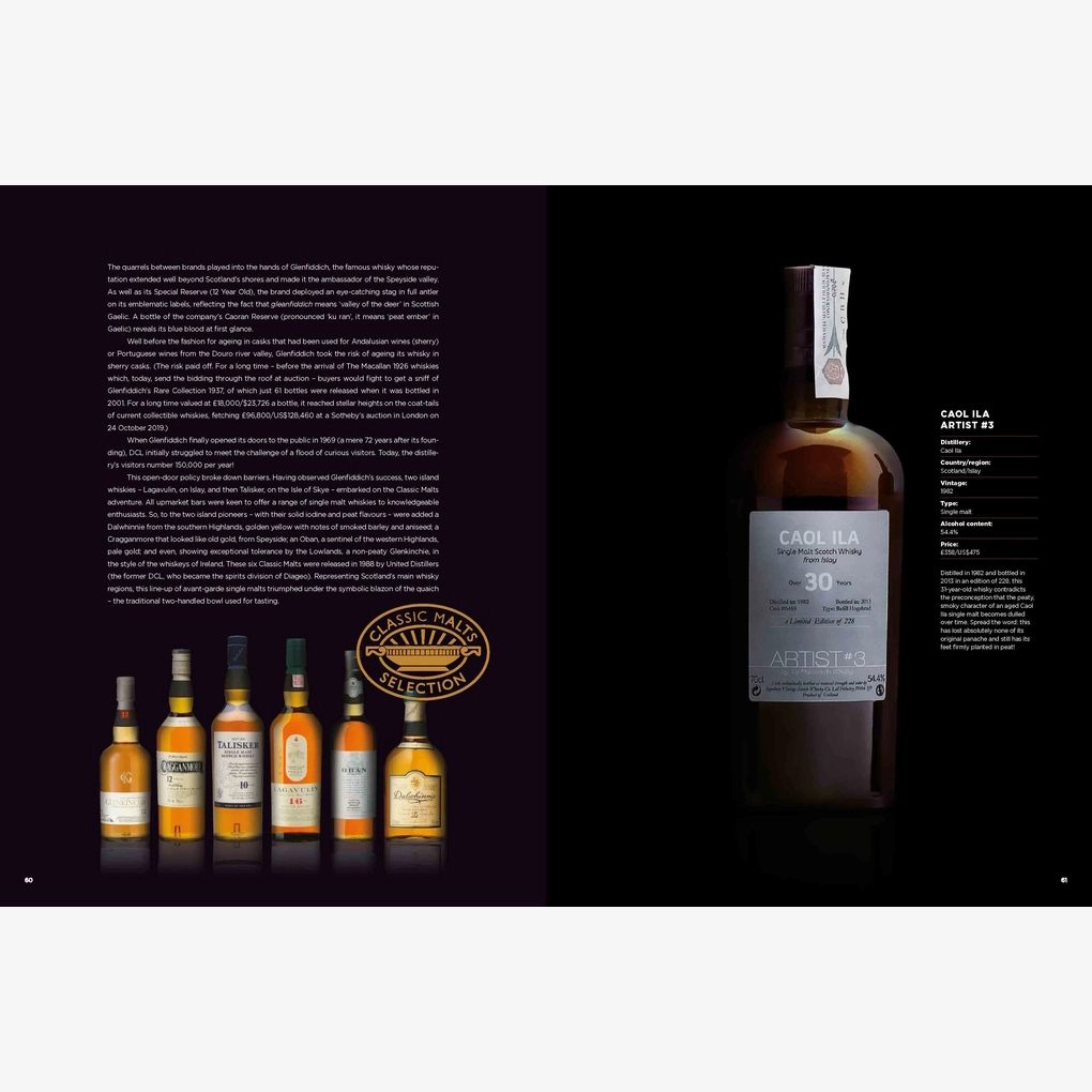 An interior spread, featuring stylish photography of a bottle of whisky against a black background.